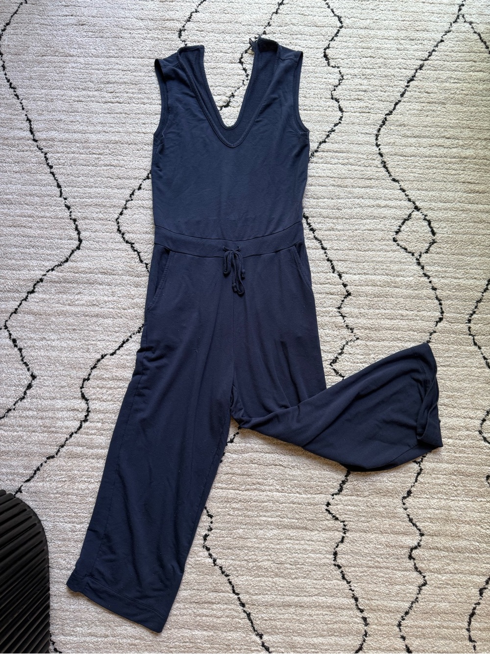 Quince Navy Sleeveless V-Neck Jumpsuit with Drawstring Waist